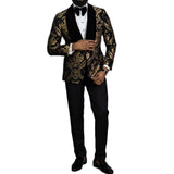2 Piece Black Floral Jacquard Men Suits Slim Fit with Velvet Shawl Lapel - Tania's Online Closet, LLC