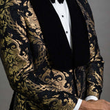 2 Piece Black Floral Jacquard Men Suits Slim Fit with Velvet Shawl Lapel - Tania's Online Closet, LLC