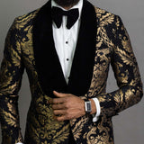 2 Piece Black Floral Jacquard Men Suits Slim Fit with Velvet Shawl Lapel - Tania's Online Closet, LLC