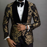 2 Piece Black Floral Jacquard Men Suits Slim Fit with Velvet Shawl Lapel - Tania's Online Closet, LLC