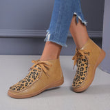 New Round Head Leopard Print Leather Boots Winter Ankle Boots for Women with Flat Bottoms - Tania's Online Closet, LLC