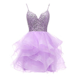 Spaghetti Beaded Short Homecoming Dresses Sequins Crystal Prom Mini Gown - Tania's Online Closet, LLC
