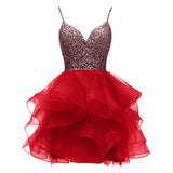 Spaghetti Beaded Short Homecoming Dresses Sequins Crystal Prom Mini Gown - Tania's Online Closet, LLC