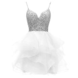 Spaghetti Beaded Short Homecoming Dresses Sequins Crystal Prom Mini Gown - Tania's Online Closet, LLC