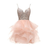 Spaghetti Beaded Short Homecoming Dresses Sequins Crystal Prom Mini Gown - Tania's Online Closet, LLC