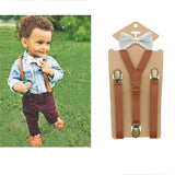 3 Clips Y Back Kid Brown Tan Leather Suspender And Bow Tie Set- Adjustable - Tania's Online Closet, LLC