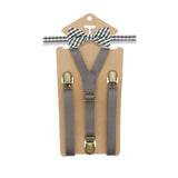 3 Clips Y Back Kid Brown Tan Leather Suspender And Bow Tie Set- Adjustable - Tania's Online Closet, LLC
