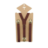 3 Clips Y Back Kid Brown Tan Leather Suspender And Bow Tie Set- Adjustable - Tania's Online Closet, LLC