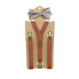 3 Clips Y Back Kid Brown Tan Leather Suspender And Bow Tie Set- Adjustable - Tania's Online Closet, LLC