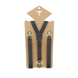 3 Clips Y Back Kid Brown Tan Leather Suspender And Bow Tie Set- Adjustable - Tania's Online Closet, LLC