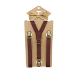 3 Clips Y Back Kid Brown Tan Leather Suspender And Bow Tie Set- Adjustable - Tania's Online Closet, LLC