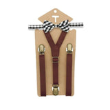 3 Clips Y Back Kid Brown Tan Leather Suspender And Bow Tie Set- Adjustable - Tania's Online Closet, LLC