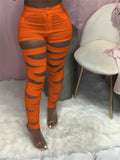 Women Solid Distressed Hollow Out Pencil Pants -High Waist Stretchy Fashion Casual Ankle Length - Tania's Online Closet, LLC