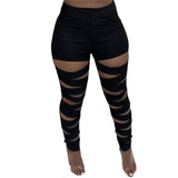 Women Solid Distressed Hollow Out Pencil Pants -High Waist Stretchy Fashion Casual Ankle Length - Tania's Online Closet, LLC