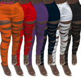 Women Solid Distressed Hollow Out Pencil Pants -High Waist Stretchy Fashion Casual Ankle Length - Tania's Online Closet, LLC