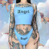 Angel Letter Print Set Sleeveless Crop Top Lace Brief Two Piece Set - Tania's Online Closet, LLC