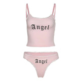 Angel Letter Print Set Sleeveless Crop Top Lace Brief Two Piece Set - Tania's Online Closet, LLC