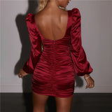 New Satin Puff-Sleeve Dress For Women Solid Square Collar Sexy Dresses - Tania's Online Closet, LLC