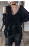 Autumn winter Sexy v neck long sleeve pullover Sexy off shoulder split knitted sweater - Tania's Online Closet, LLC