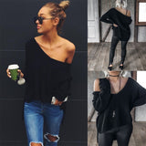 Autumn winter Sexy v neck long sleeve pullover Sexy off shoulder split knitted sweater - Tania's Online Closet, LLC