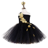 Black Gold Flower Petals Tutu Dress Tulle Girls Evening Pageant Dress - Tania's Online Closet, LLC