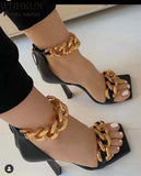 Black Square Toe Sandals Women Unique Thin High Heels -Open Toes Metal Chains - Tania's Online Closet, LLC