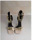 Black Square Toe Sandals Women Unique Thin High Heels -Open Toes Metal Chains - Tania's Online Closet, LLC