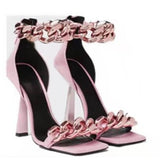 Black Square Toe Sandals Women Unique Thin High Heels -Open Toes Metal Chains - Tania's Online Closet, LLC