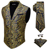 Designer Mens Classic Black Paisley Jacquard Silk Waistcoat Vests Handkerchief Tie Vest Suit Pocket Square Set - Tania's Online Closet, LLC
