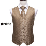 Designer Mens Classic Black Paisley Jacquard Silk Waistcoat Vests Handkerchief Tie Vest Suit Pocket Square Set - Tania's Online Closet, LLC