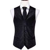 Designer Mens Classic Black Paisley Jacquard Silk Waistcoat Vests Handkerchief Tie Vest Suit Pocket Square Set - Tania's Online Closet, LLC