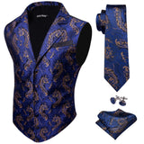 Designer Mens Classic Black Paisley Jacquard Silk Waistcoat Vests Handkerchief Tie Vest Suit Pocket Square Set - Tania's Online Closet, LLC