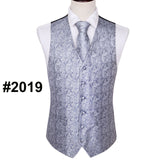 Designer Mens Classic Black Paisley Jacquard Silk Waistcoat Vests Handkerchief Tie Vest Suit Pocket Square Set - Tania's Online Closet, LLC