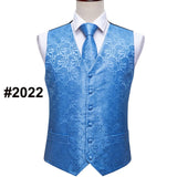 Designer Mens Classic Black Paisley Jacquard Silk Waistcoat Vests Handkerchief Tie Vest Suit Pocket Square Set - Tania's Online Closet, LLC