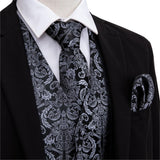 Designer Mens Classic Black Paisley Jacquard Silk Waistcoat Vests Handkerchief Tie Vest Suit Pocket Square Set - Tania's Online Closet, LLC