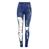Fashion Ripped Chain Stitching Big Hole Denim Jeans Women Streetwear - Tania's Online Closet, LLC
