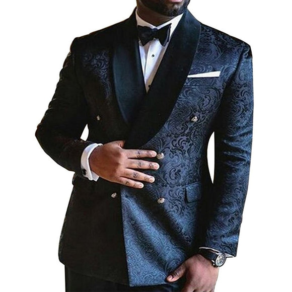 Floral Jacquard Slim fit Men Suits - Double Breasted Navy Blue Wedding Tuxedo for Groomsmen Black Shawl Lapel - Tania's Online Closet, LLC