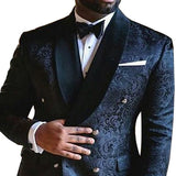Floral Jacquard Slim fit Men Suits - Double Breasted Navy Blue Wedding Tuxedo for Groomsmen Black Shawl Lapel - Tania's Online Closet, LLC
