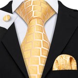 Gold Solid Tie Set Silk Tie For Men Business Gift Party Necktie Handkerchief Cravat Barry.Wang Fashion Designer Tie Set - Tania's Online Closet, LLC