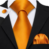 Gold Solid Tie Set Silk Tie For Men Business Gift Party Necktie Handkerchief Cravat Barry.Wang Fashion Designer Tie Set - Tania's Online Closet, LLC