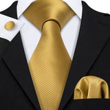 Gold Solid Tie Set Silk Tie For Men Business Gift Party Necktie Handkerchief Cravat Barry.Wang Fashion Designer Tie Set - Tania's Online Closet, LLC
