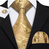 Gold Solid Tie Set Silk Tie For Men Business Gift Party Necktie Handkerchief Cravat Barry.Wang Fashion Designer Tie Set - Tania's Online Closet, LLC