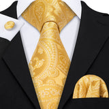 Gold Solid Tie Set Silk Tie For Men Business Gift Party Necktie Handkerchief Cravat Barry.Wang Fashion Designer Tie Set - Tania's Online Closet, LLC