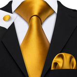 Gold Solid Tie Set Silk Tie For Men Business Gift Party Necktie Handkerchief Cravat Barry.Wang Fashion Designer Tie Set - Tania's Online Closet, LLC