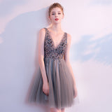 Gray Cocktail Dresses V-Neck Sparkles Sequins Beading Tulle Short Prom Dress - Tania's Online Closet, LLC