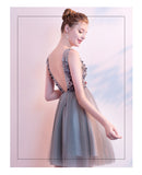 Gray Cocktail Dresses V-Neck Sparkles Sequins Beading Tulle Short Prom Dress - Tania's Online Closet, LLC