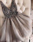 Gray Cocktail Dresses V-Neck Sparkles Sequins Beading Tulle Short Prom Dress - Tania's Online Closet, LLC