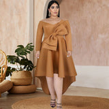 Irregular Dress Elegant Women Bare Shoulder Long Sleeve Ruffle Pleated Plus Size Gown - Tania's Online Closet, LLC