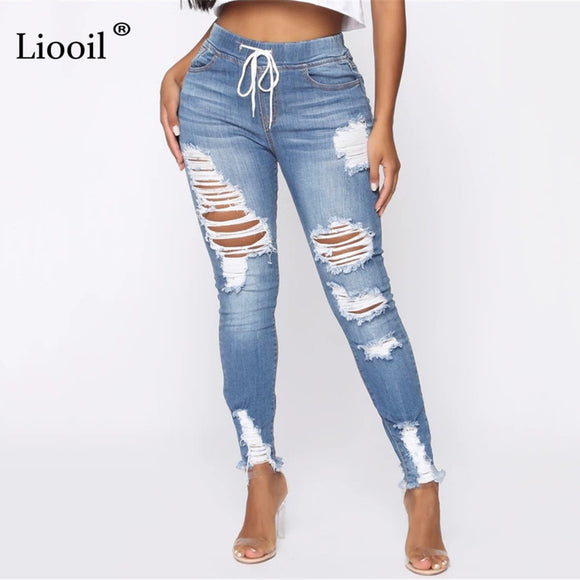 Light Blue Ripped Jeans for Women 2021 Street Style Sexy Mid Rise Distressed Trouser - Tania's Online Closet, LLC