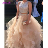 Luxury Crystals Two Pieces Ball Gown O-Neck Beaded Open Back Pageant Gown - Tania's Online Closet, LLC